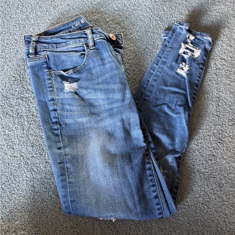 American Eagle Outfitters Women's Ripped Blue Mid Rise Jeggings